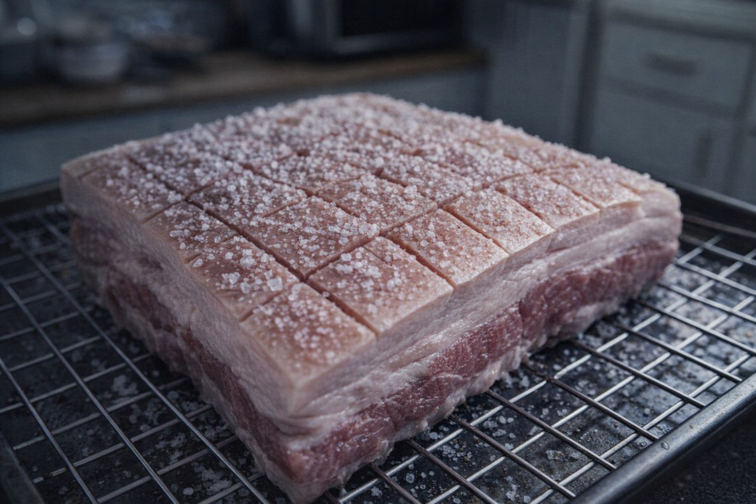 Close up of a raw pork belly slab, scored skin, coarse salt sprinkled on top, resting on a wire rack, cool lighting